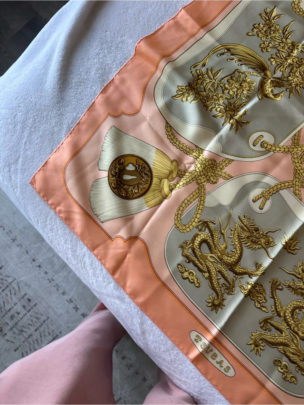 Hermes Peach and Gold Silk Scarf with Ornate Dragon Panels - Picture 13 of 16